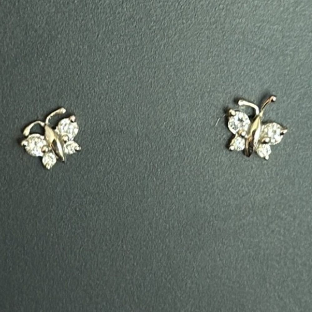 DIAMOND BUTTERFLY EARRINGS 14K WHITE GOLD STUD 8 STONES DAINTY DETAILED ANTENNAE